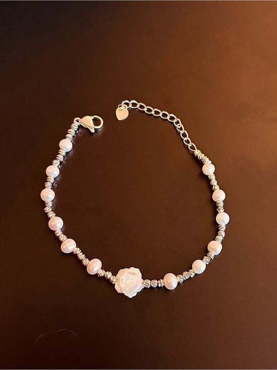 Pearls Jewelry - Delicate White Pearl Bracelet with Carved Rose Center